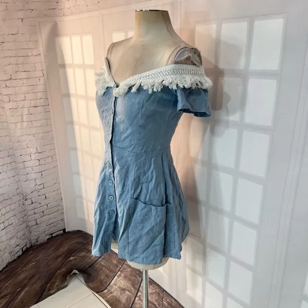 Reformation button down mini denim dress with white fringed off the shoulder nec - Image 3