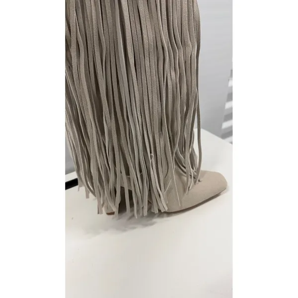 Fringe Western Tall Boots Square Toe Block Heel Beige Faux Suede Boho Stone 7,5 - Image 3