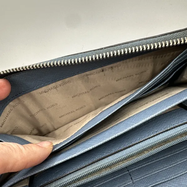 Michael Kors Jet Set Travel Zip Around Continental Wallet Blue Pebbled Leather - Image 11