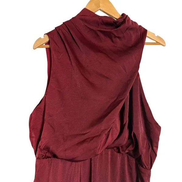 Sweetkama Burgundy Mock High Neck Draped Satin Cocktail Midi Dress Size XL - Image 3