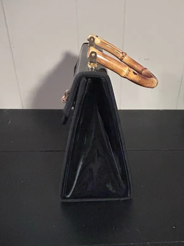 Black Patent Top-Handle Bag with Bamboo Accent - Image 8