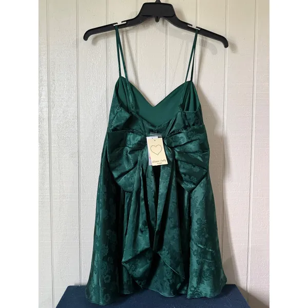 Allison + Kelly Emerald Green Satin Jacquard Floral Bow Back Mini Dress Medium - Image 3