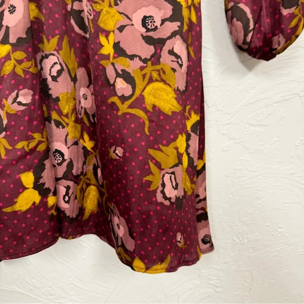 Free People Red Floral Balloon Sleeve Mini Dress Womens 2 Peasant Satin Burgundy - Image 5