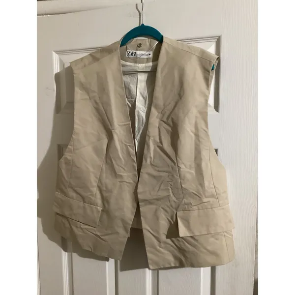 ZARA Women Beige Sleeveless Open Front Pocket Vest Blazer Oversized Medium - Image 4