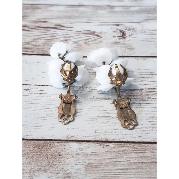 Vintage Clip On Earrings White Dangle - 1 & 5/8" Long - Image 4