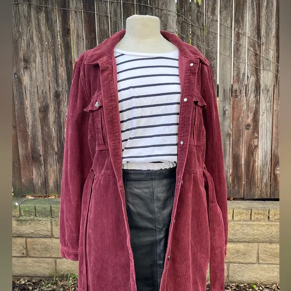Topshop Burgundy Corduroy Belted shirt dress coat grunge fall streetwear casual - Image 3