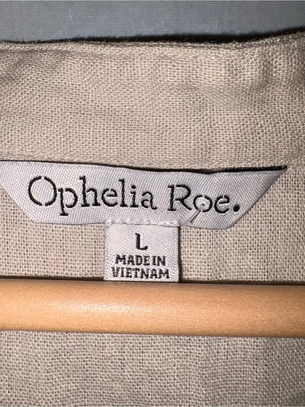 Ophelia‎ Roe Linen Blend Utility Dress Lg Beige Tie Waist Pockets Short Sleeves - Image 2