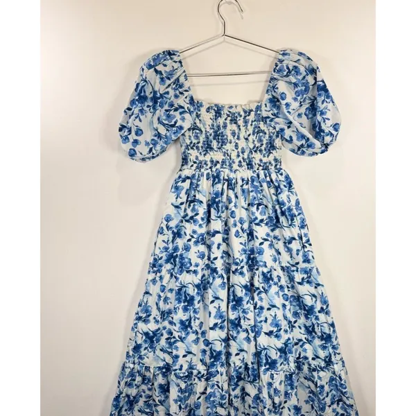 Abercrombie Fitch Midi Dress Blue Toile De Jouy Smocked Puffed Cottagecore Small - Image 8
