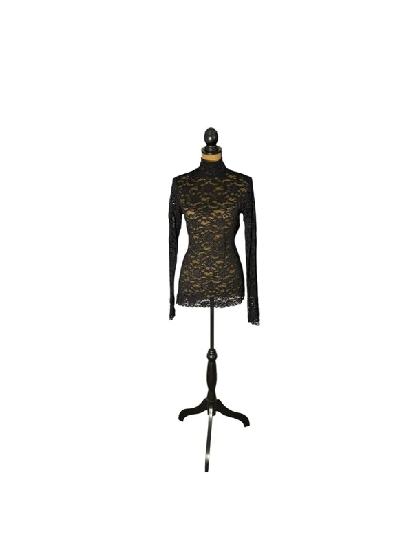 Moda International Black Lace Mock Neck Top M Sheer Long Sleeve Y2K Goth Grunge - Image 2