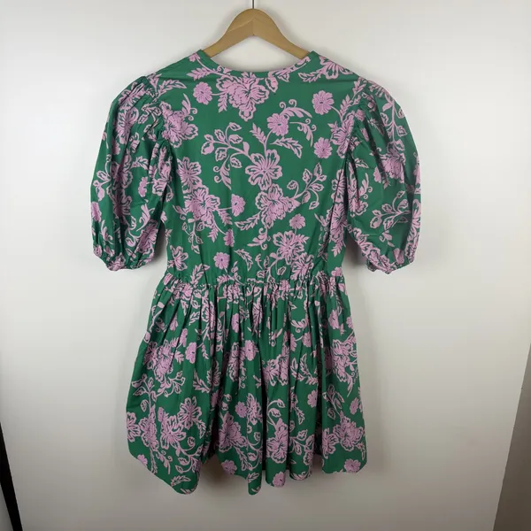 Xirena Aurie Mini Dress Large‎ Green Pink Floral Cotton Puff Sleeve Cottage Boho - Image 6