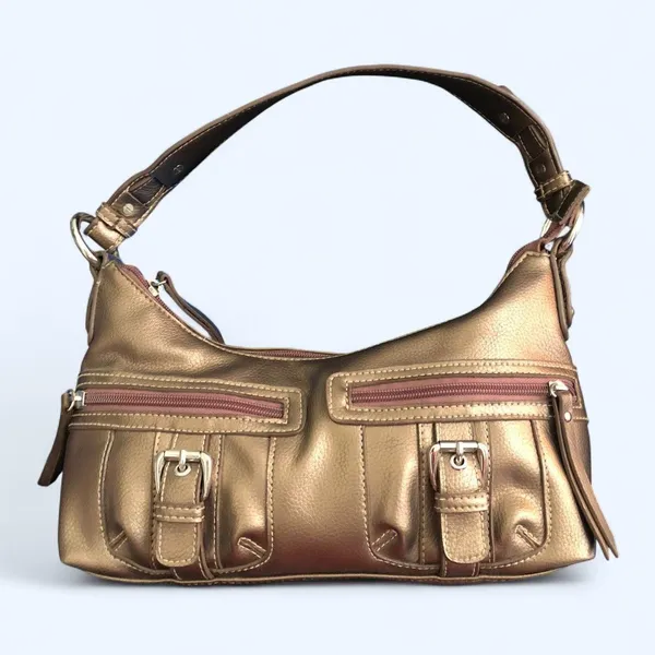 Y2K Brown Gold Metallic Leather Cargo Buckles Shoulder Hobo Hand Bag Purse Satchel Top Handle O-Ring Silver Accents #Grunge #Cyber #Goth #Punk #Acubi Vintage Mcbling Preppy Measurement in pics Great condition - Image 2