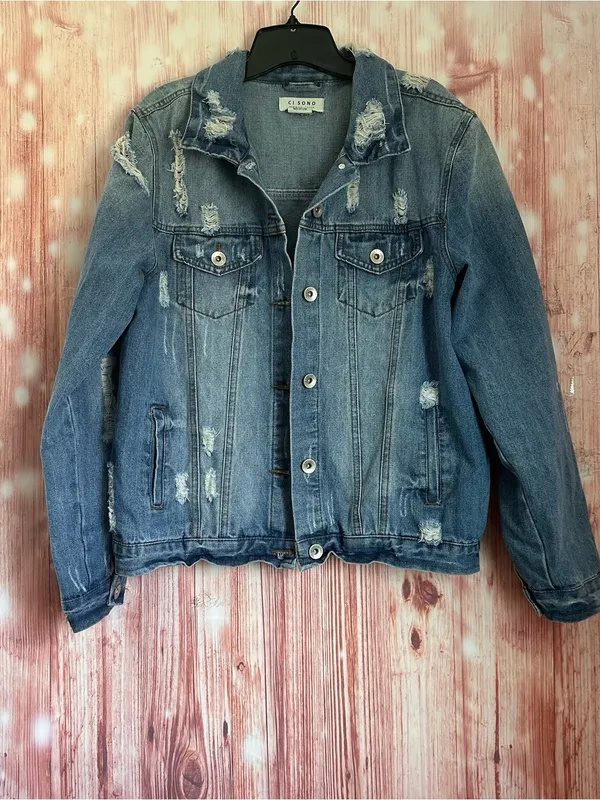 Ci Sono Blue Medium Wash Distressed Boyfriend Oversized Denim Jacket Size M - Image 2