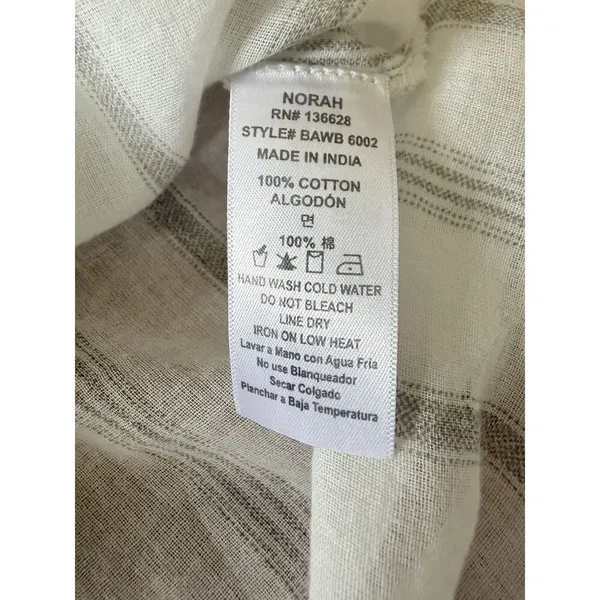 Norah Women’s L Beige Striped Button Up Shirt 100% Cotton Roll Tab Sleeves - Image 5