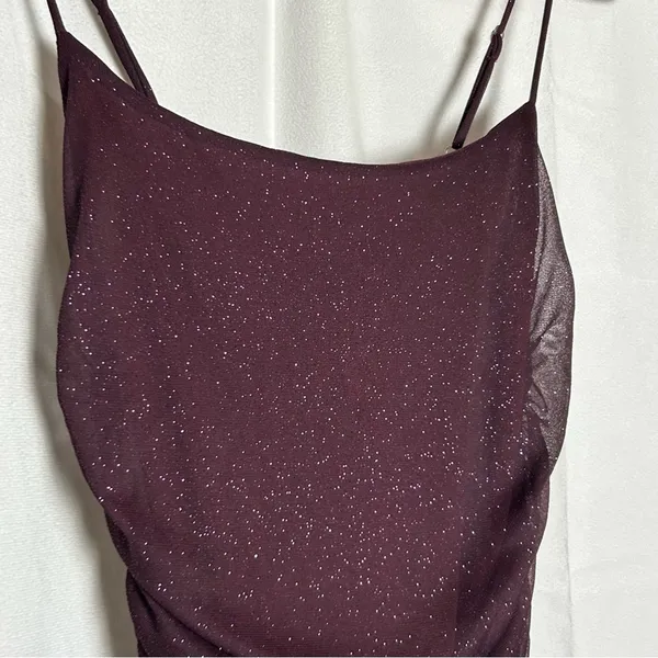 Lucy in the Sky Maroon Glitter‎ Sparkle Spaghetti Strap Bodycon Mini Dress Small - Image 3