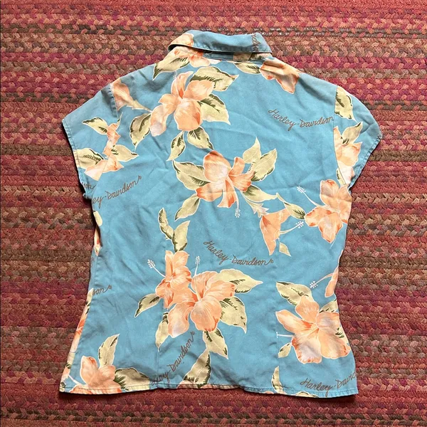Harley Davidson Motorcycles Hawaiian Flower Button Up Silk Shirt - Image 4