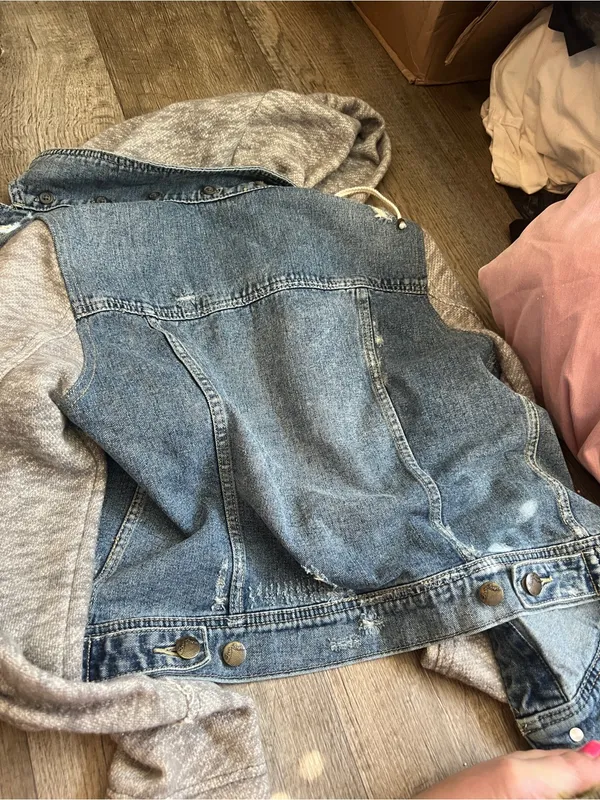 Free People | Distressed Knit Sleeve Denim Jacket S Grunge Hooded‎ Streetwear - Image 14
