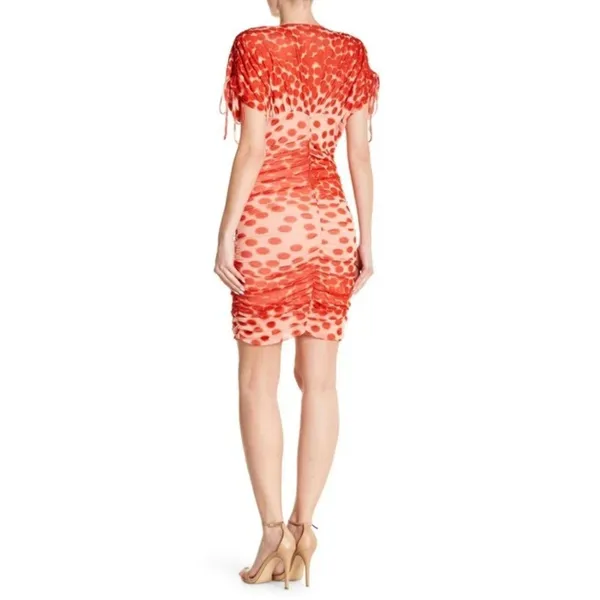 NWT Vertigo Polka Dots Printed V-Neck Short sleeve Ruched Bodycon Dress Size L - Image 4