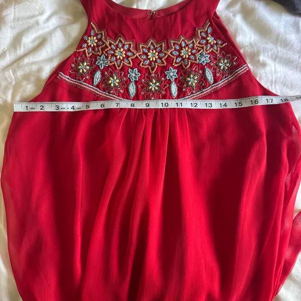 Sabine Red Chiffon Boho Colorful Floral Beaded Maxi Formal Dress Size Small - Image 7
