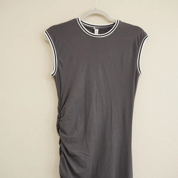 Daily Practice Grey Midi Dress Side Ruched Striped Trim Slit Athletic Athleisure - Image 2