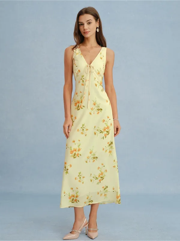 Rihoas Yellow V Neck Floral Chiffon Maxi Dress - Image 3