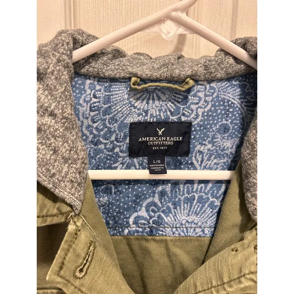 American Eagle Womens Large Olive Green Utility‎ Field Jacket Grey Jersey Hood L - Image 3