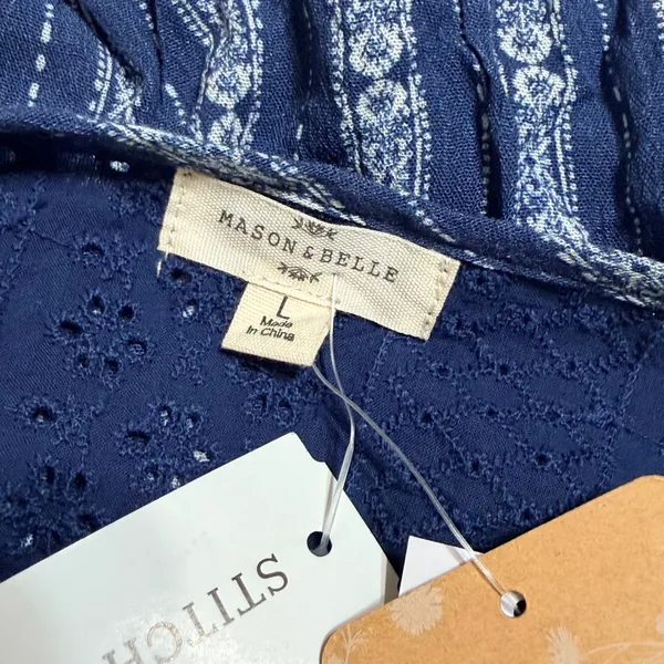 Mason & Belle Navy Blue Eyelet Lace Striped Boho Tank Top Large JFW81933K85 - Image 4