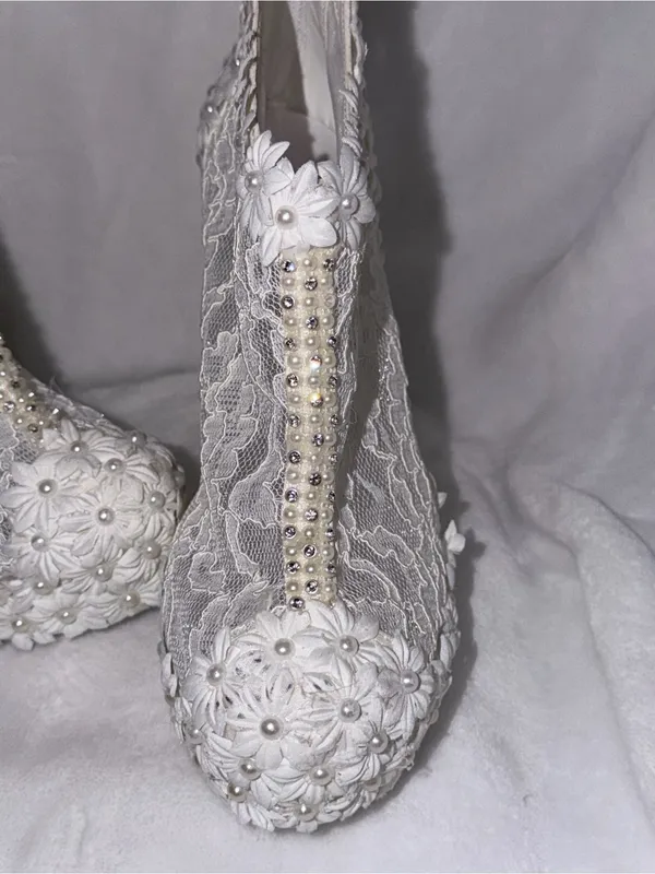 White Lace Floral Pearl Accent Women's Heeled Booties - Image 2