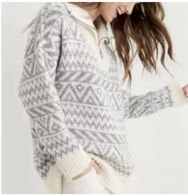 Aerie NWT Gray Cream Wool Blend 1/4 Zip Pullover Sweater Oversized XS - Image 2
