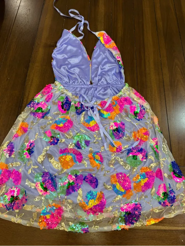 Multicolor Floral Sequin Mini Dress Size S Halter Open Back Party Dress NWOT - Image 6