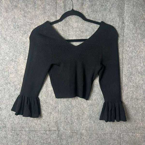 Gianni Bini Women Size Medium Black 3/4 Ruffle Sleeves Cropped Sweater‎ Top NWT - Image 8