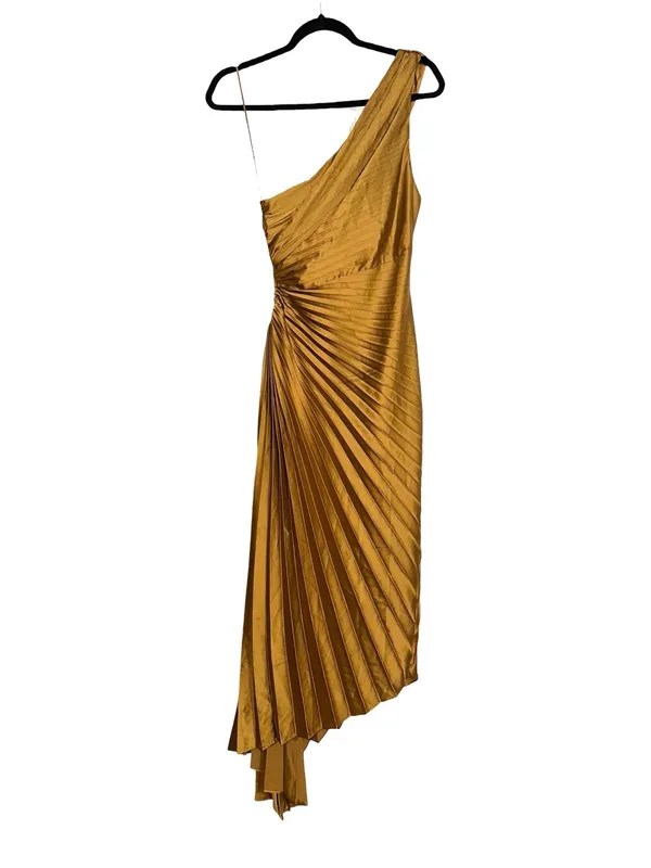 Dress Forum One Shoulder Pleated Asymmetrical Satin Midi Dress SMALL in Copper - Image 3
