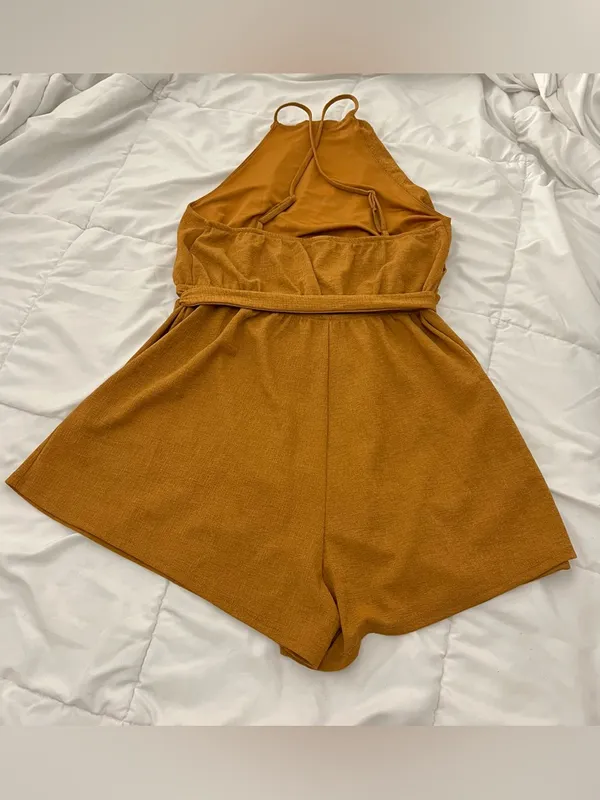 H&M Tan chestnut high neck wrap dress romper NWT medium - Image 2