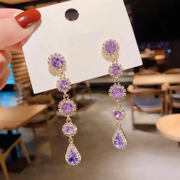 Women's Purple Crystal Teardrop Long Dangle Drop Earrings - Image 2