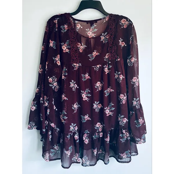 American Eagle Floral Boho Peasant Blouse XL Burgundy Bell Sleeve Lace Tie Neck - Image 9