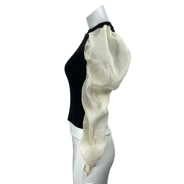 Zara Mixed Media Organza Long Puff Balloon Sleeve Crew Neck Sweater Blouse Top S - Image 2