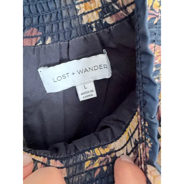 LOST + WANDER Floral Long Sleeve Navy Dress size large - Image 4