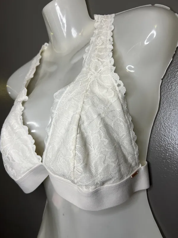 PINK Bralette Bra Womens Large White Lace Wireless Crossback Strappy Lined B Cup - Image 3