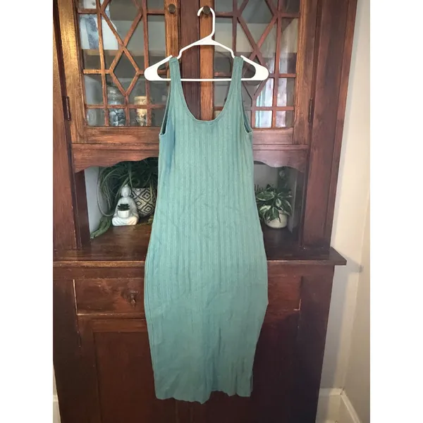 Abercrombie & Fitch Womens XL Sage Green Ribbed‎ Knit Midi Bodycon Dress Slit - Image 2