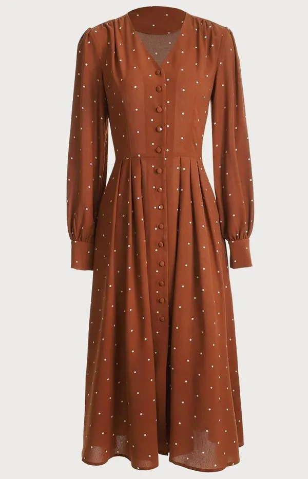 Rihoas Brown Polka Dot Pleated Midi Dress - Image 4
