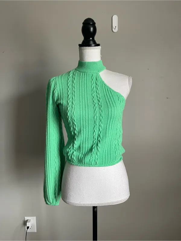 ZARA Mint Green One-Shoulder Cable-Knit Sweater Sz S - Image 2