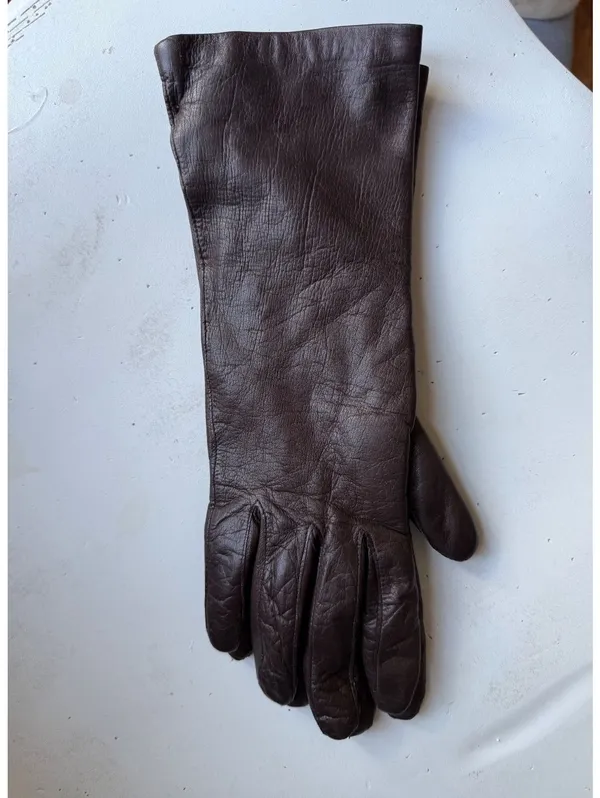 Vintage Long Brown Leather Gloves with Blue Knit Lining Size 7 - Image 3