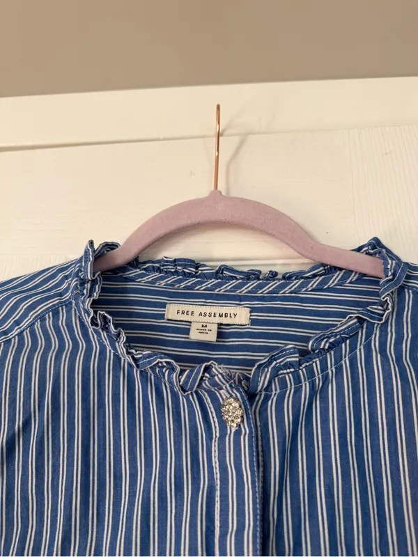 Free Assembly Blue Plaid Shirt Rhinestone Button Blouse Top - Image 3
