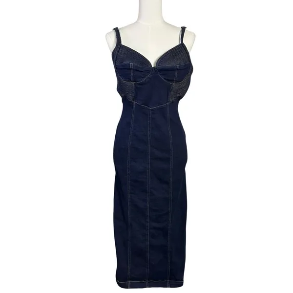 Free People Caitlin Denim Bodycon Midi Dress Small Sweetheart Neckline - Image 5