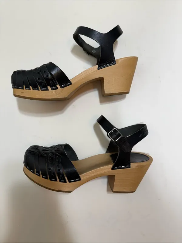 Swedish Hasbeens Black Leather Braided Heeled Clog Ankle Strap Sandal Size 7 - Image 7