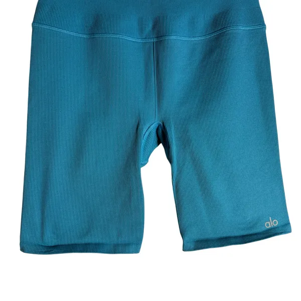 Alo Yoga Seamless Ribbed Blue High Waist 5” Favorite Biker Athletic Shorts Small - Image 4
