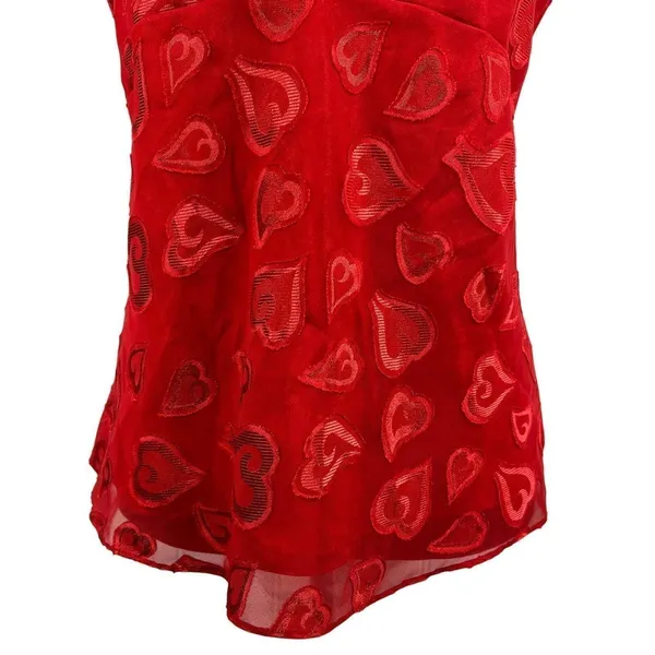 Red Babydoll Camisole Tank Top Medium Textured Hearts Mesh Coquette Y2K Vintage‎ - Image 12