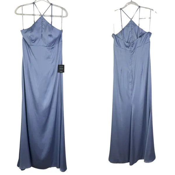 NWT LULU’S Lustrous Love Dusty Blue Satin Halter Cutout Mermaid Maxi Dress Large - Image 4