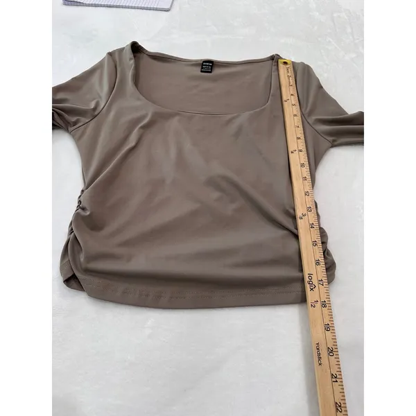SHEIN Womens Taupe Brown Square Neck Ruched Side Long Sleeve Crop Top Size L - Image 7