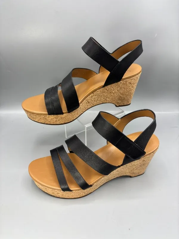 Naturalizer Cynthia Wedge Sandals Womens 9M Black Leather Cork Platform Straps - Image 2