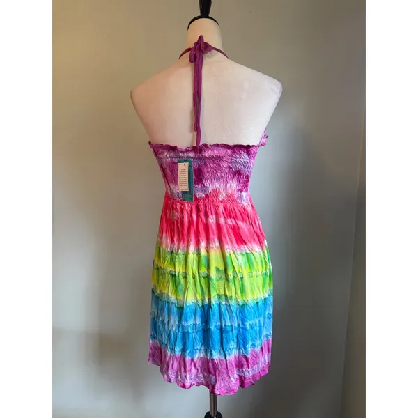 Rainbow TieDye Smocked Halter MiniDress CoverUp Pink Blue Green boho beach M NWt - Image 5